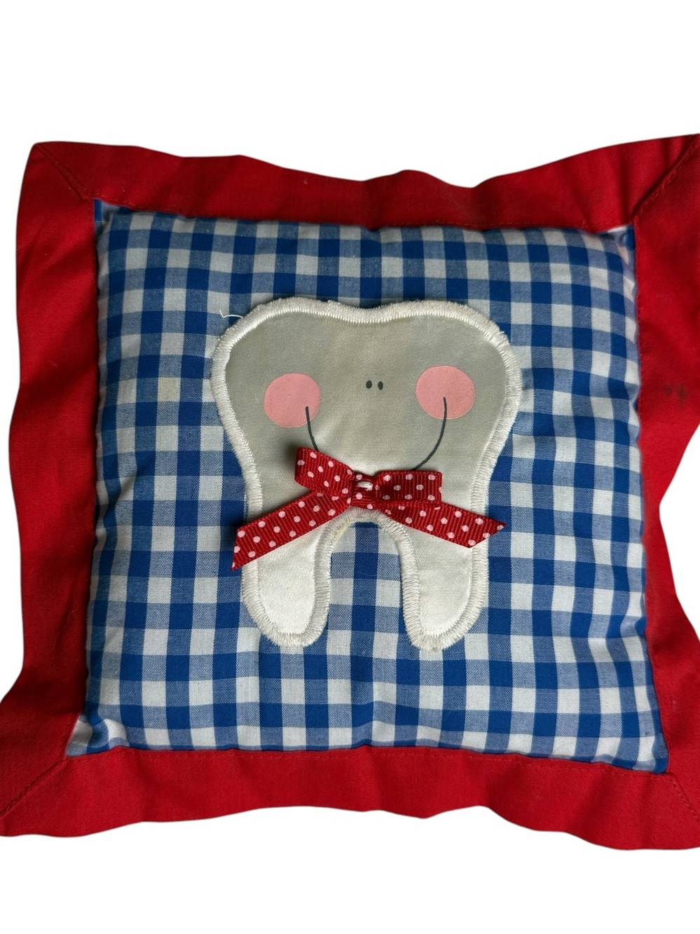 Tooth Appliqué Bib Pillow in Blue Gingham with Red Trim handmade